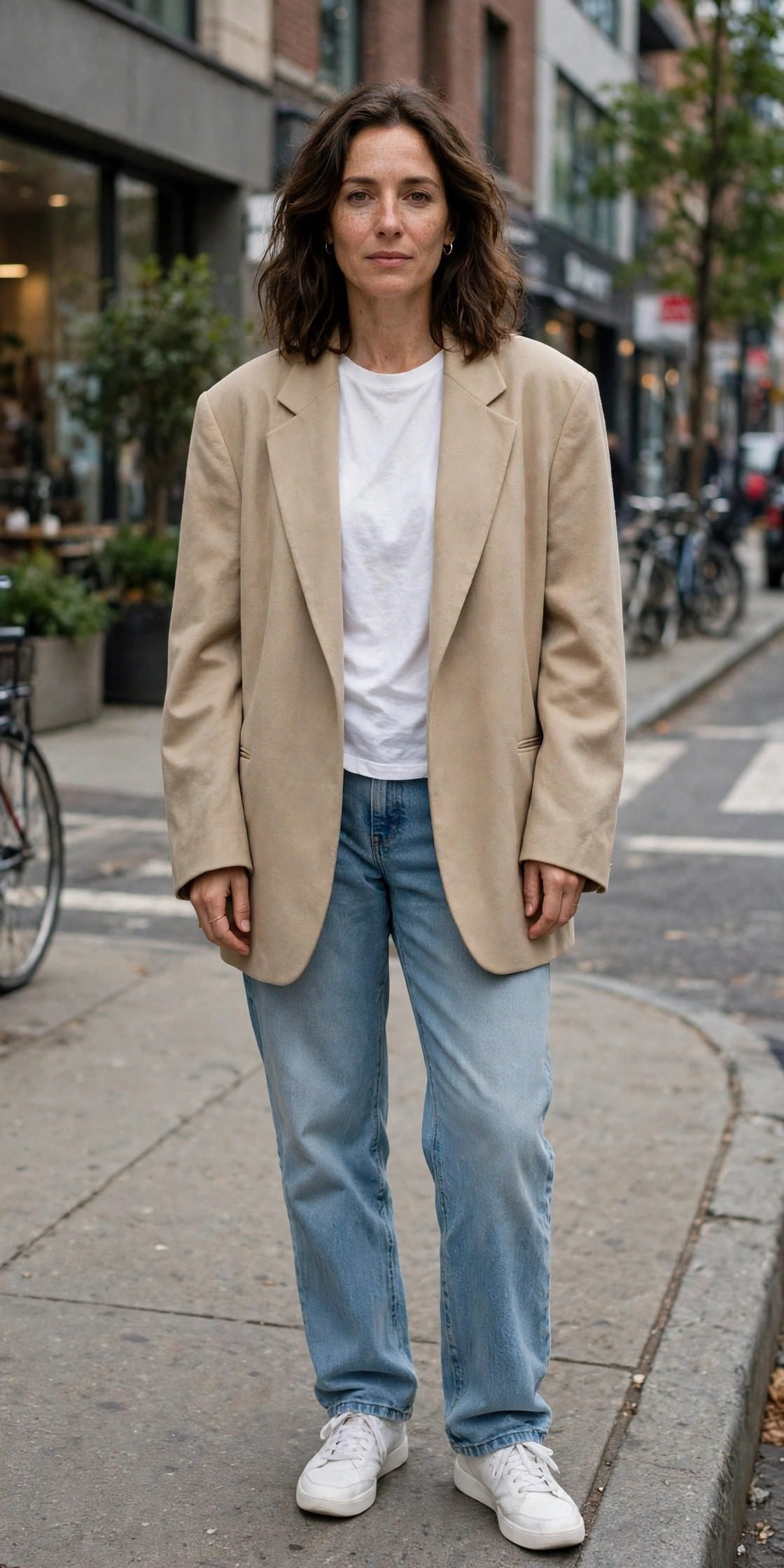 Woman in oversized blazer jeans and white sneakers with tote rain
