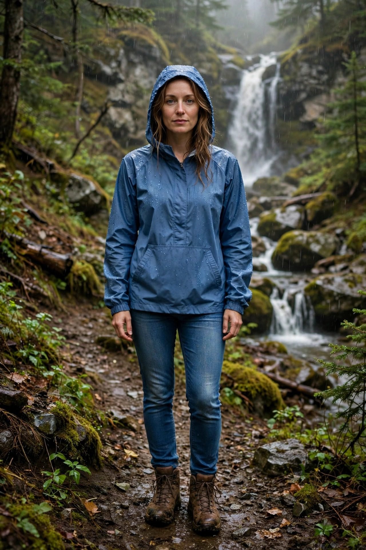 Woman in anorak jeans and hiking boots with backpack rainy trail