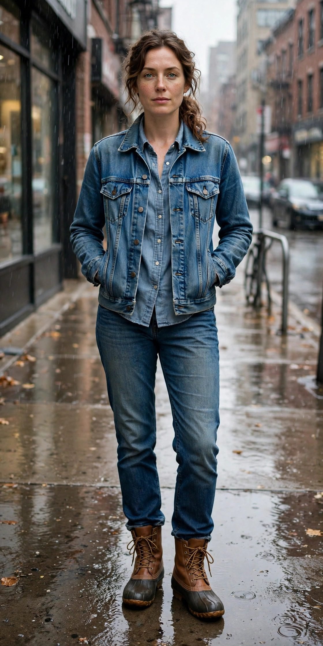 Woman in denim jacket and dark jeans with duck boots in rain