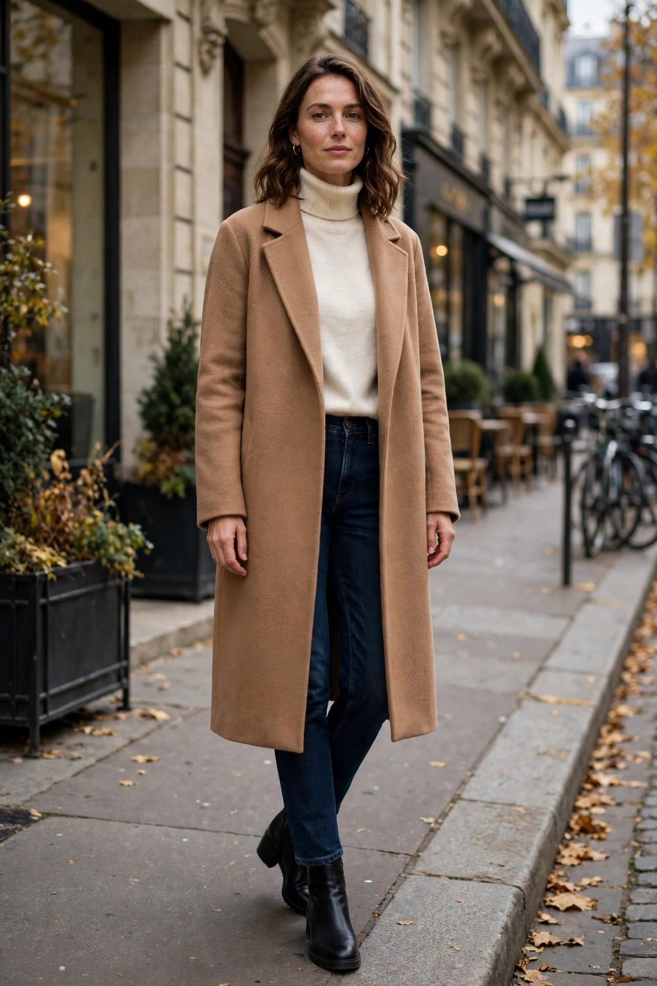 Woman in camel coat jeans and turtleneck with loafers autumn rain