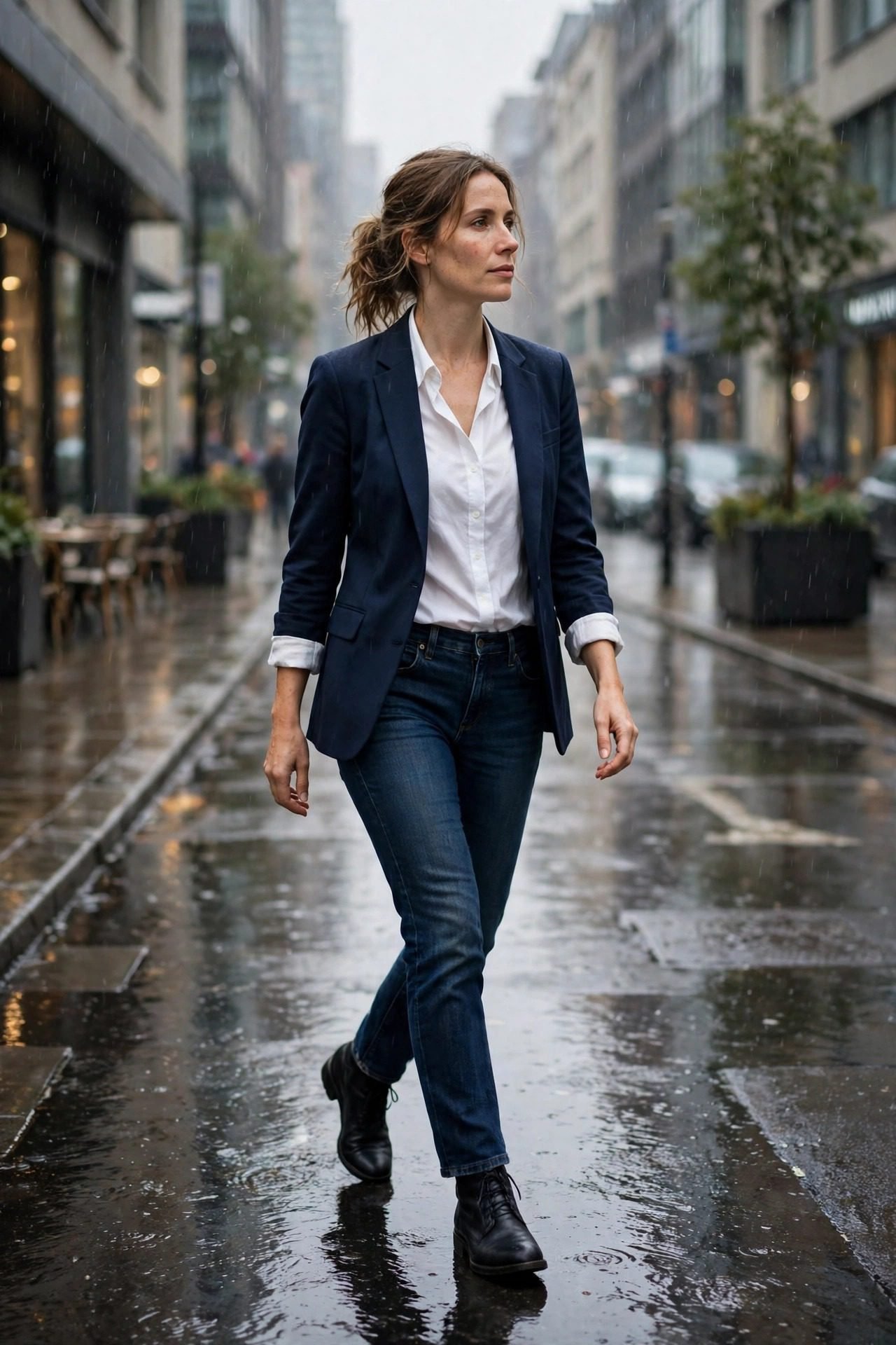 Woman in black blazer white shirt and jeans with ankle boots rain