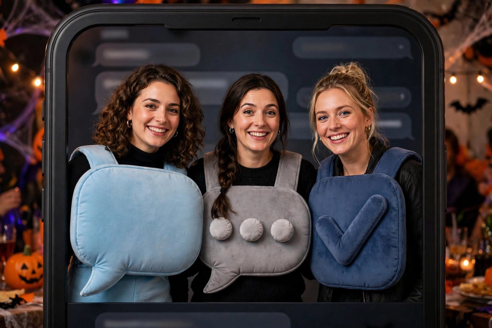 Two women in giant iMessage group chat text bubble Halloween costume