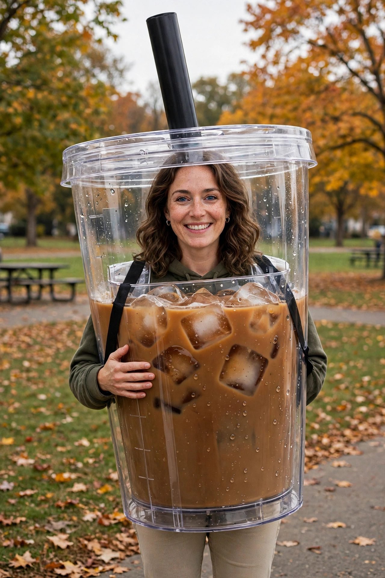 Woman in giant Stanley tumbler cup Halloween costume