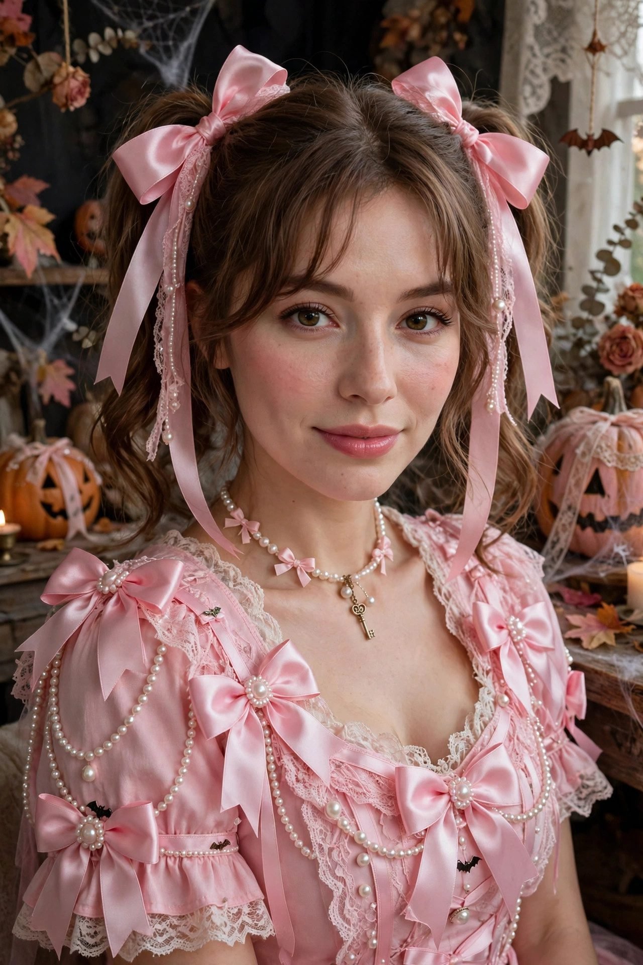 Woman in coquette aesthetic with bows ribbons pink outfit