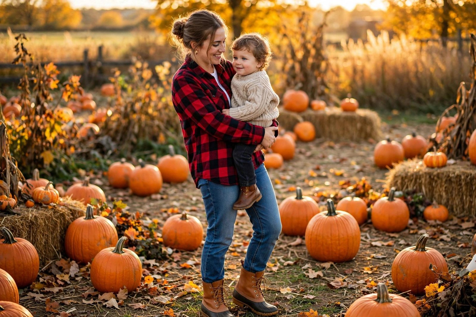 Mom in plaid shirt jeans and duck boots at pumpkin patch