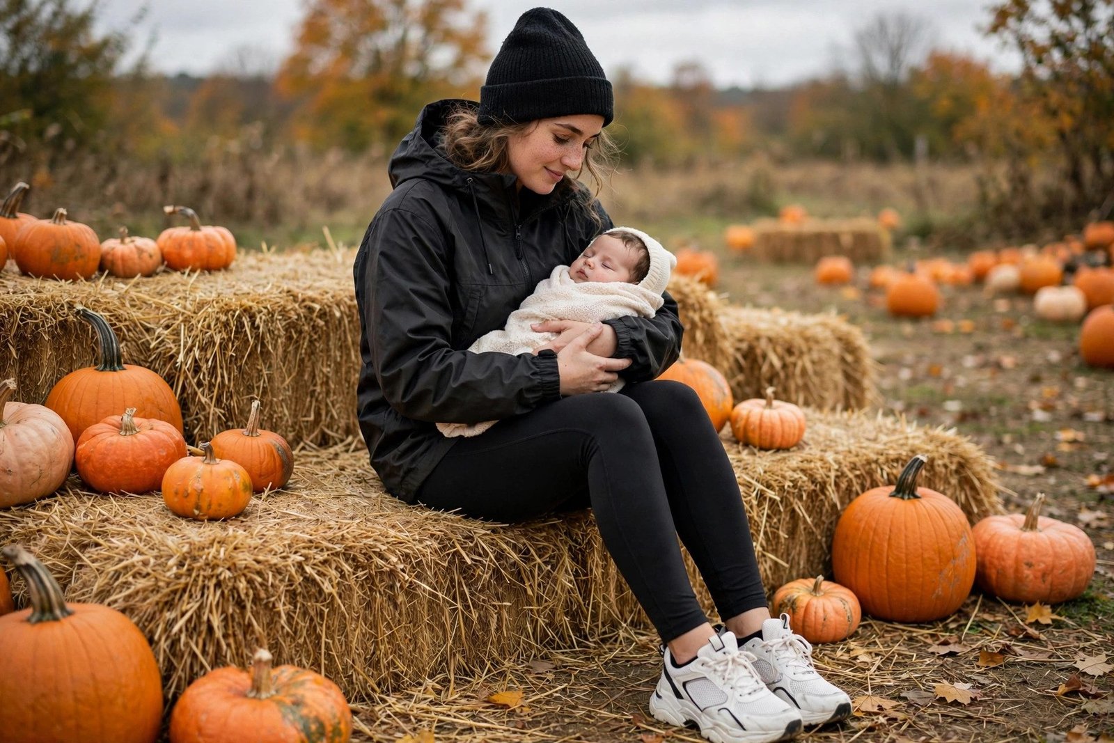 Mom in olive anorak with leggings and beanie pumpkin patch