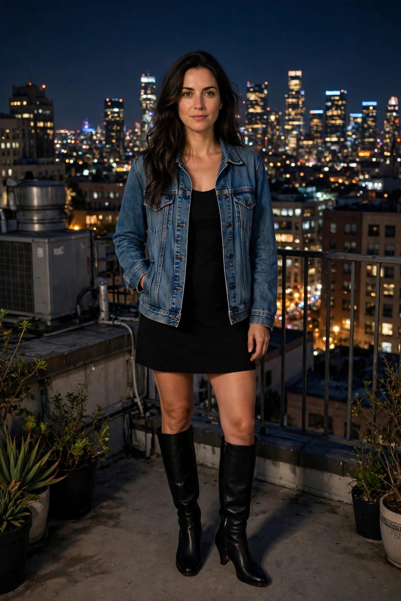 Woman in denim jacket over little black dress with boots