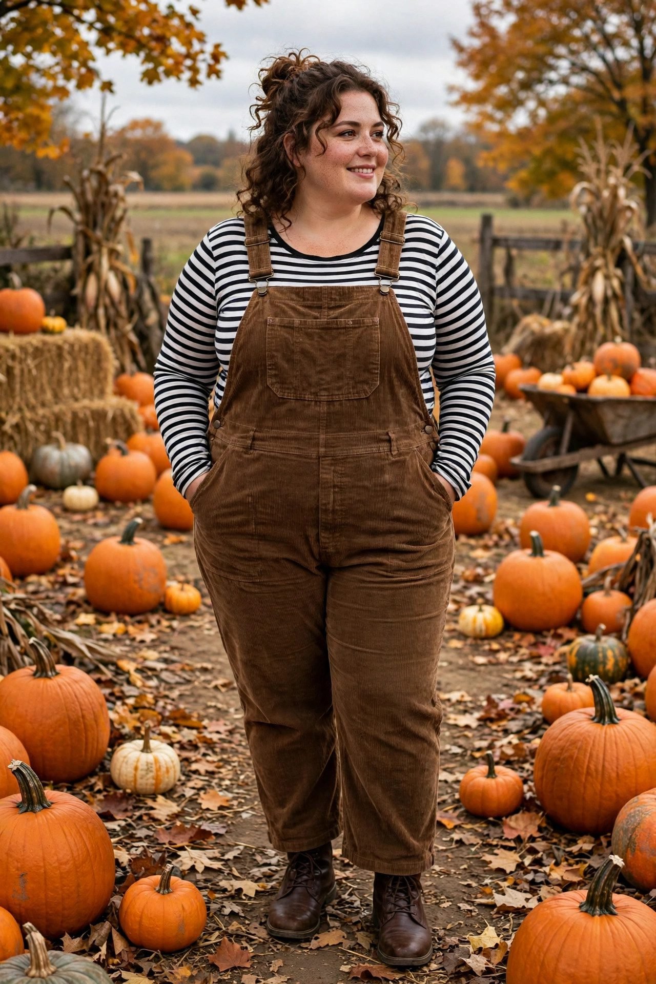 Plus size woman in corduroy overalls with striped shirt pumpkin patch