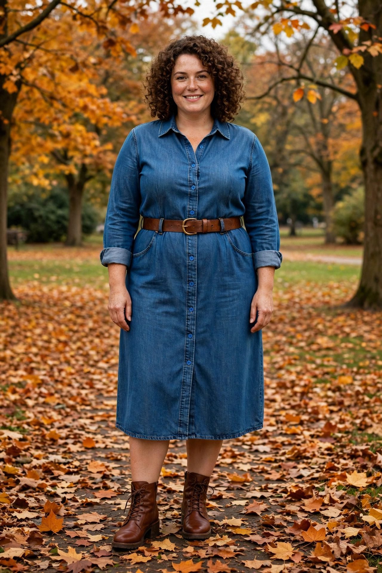 Plus size woman in denim shirt dress with belt and boots fall