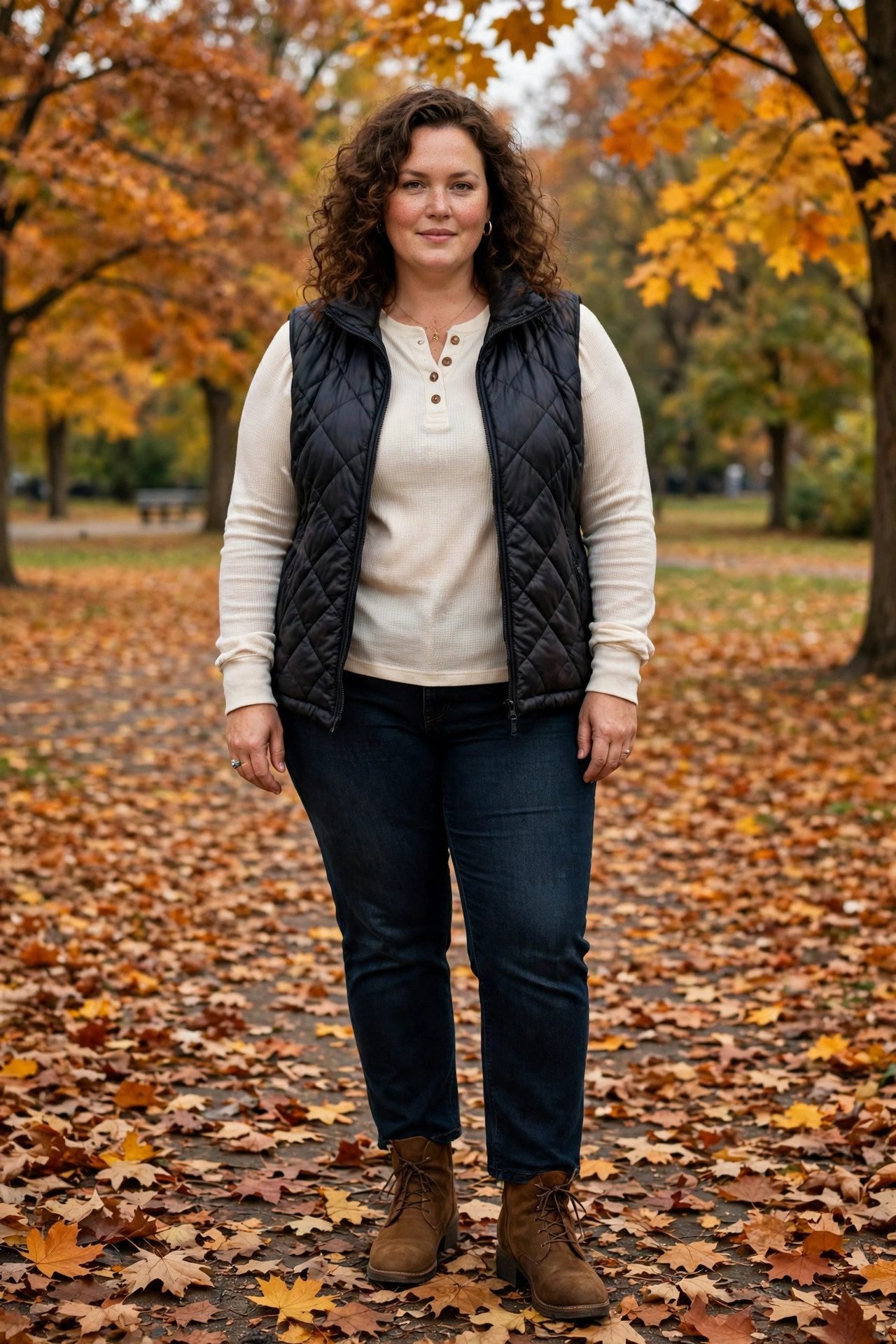 Plus size woman in layered vest with henley and jeans pumpkin patch