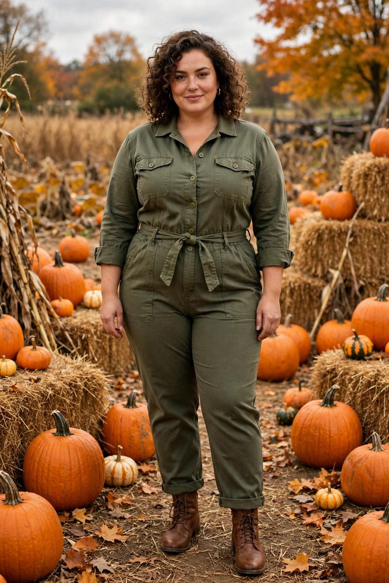 Plus size woman in utility jumpsuit with sneakers pumpkin patch