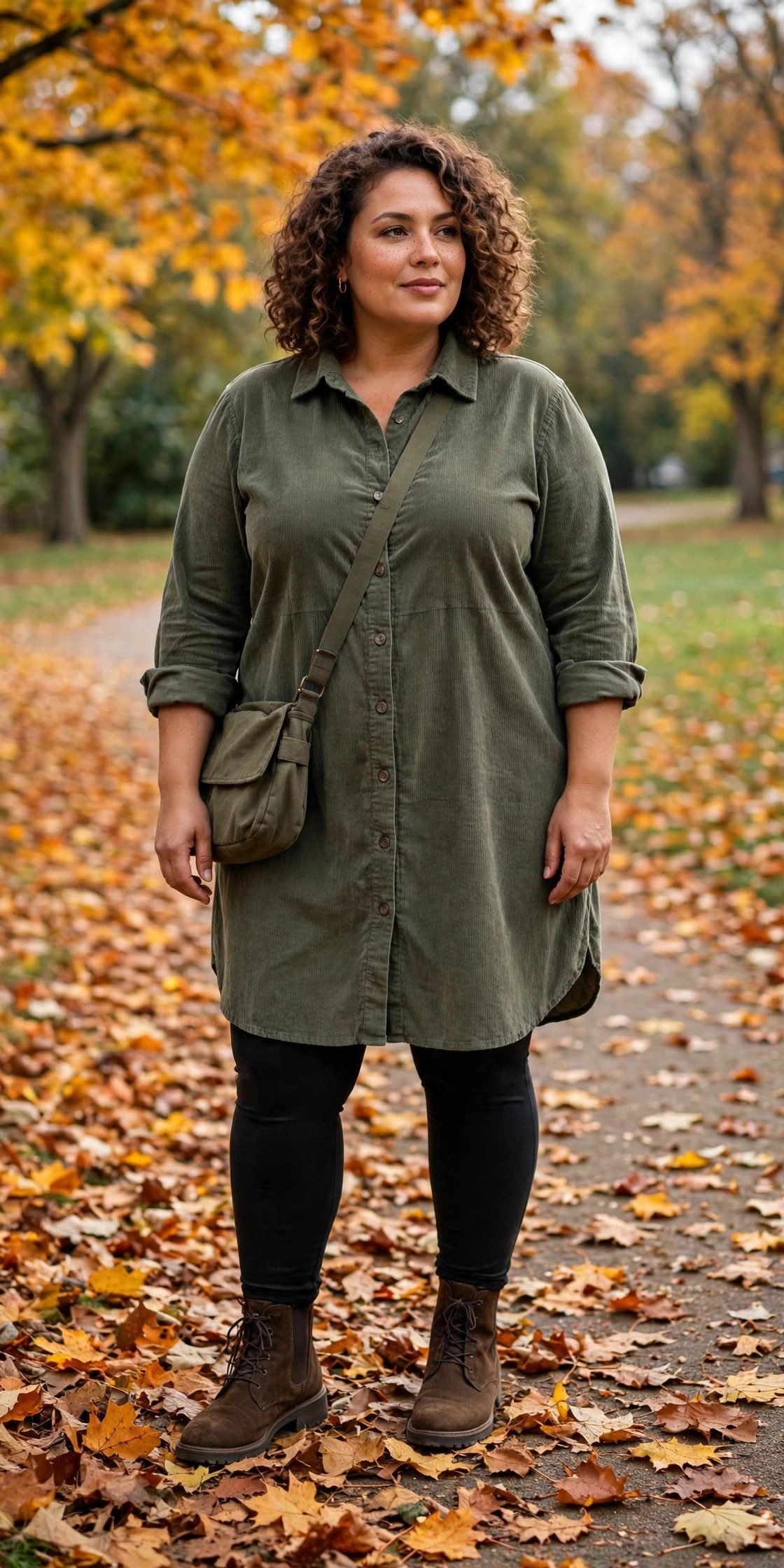 Plus size woman in shirt dress with leggings and boots autumn