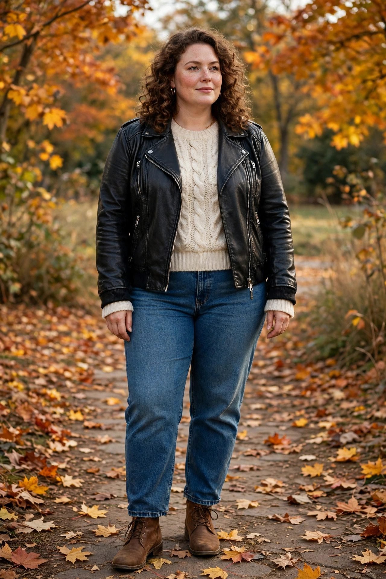 Plus size woman in faux leather jacket with sweater and jeans