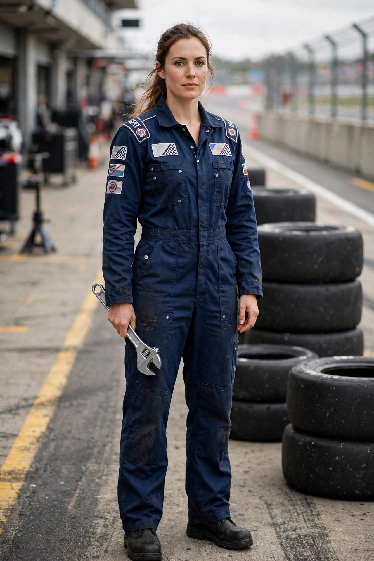 Woman in sexy pit crew mechanic racing costume