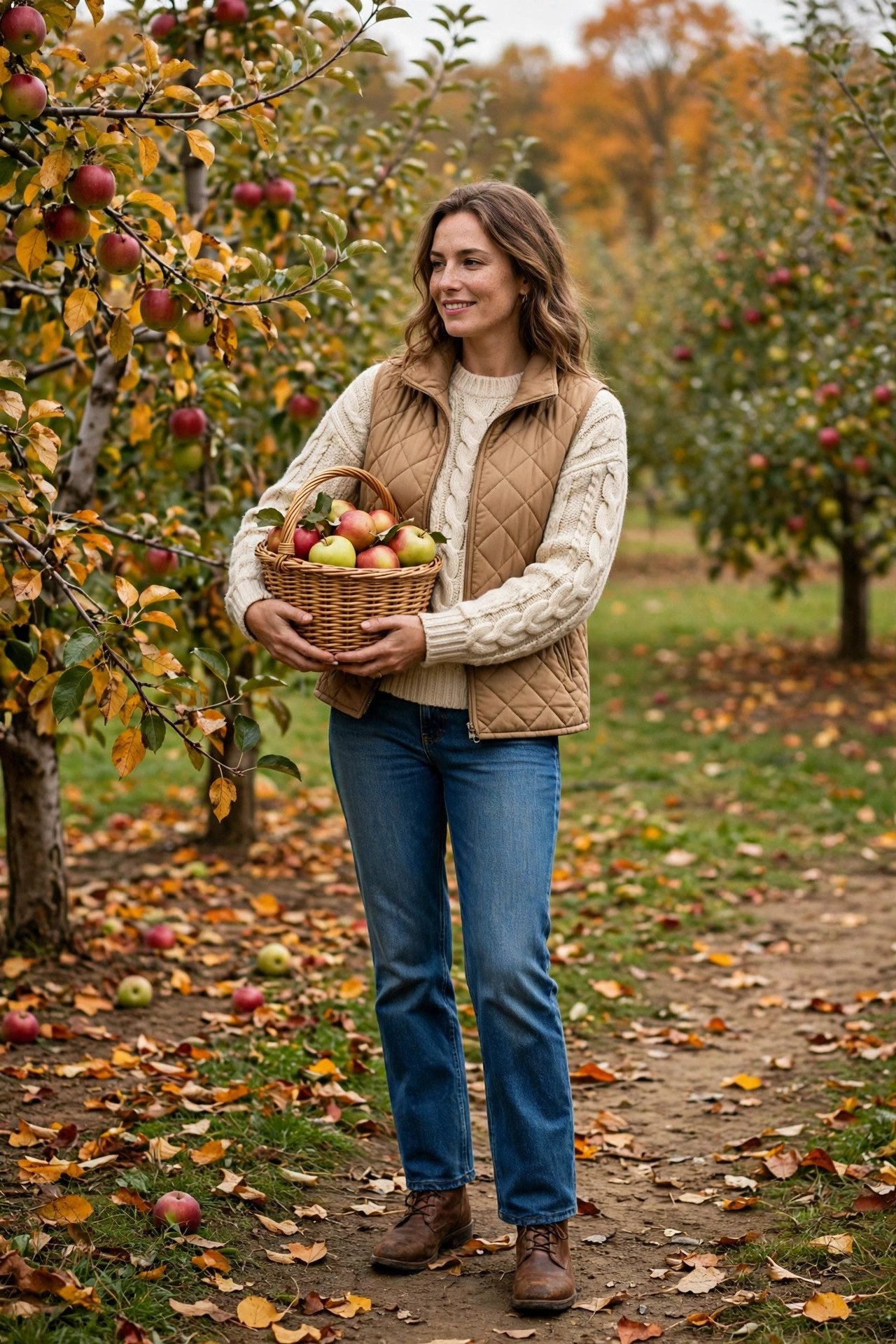 Woman in puffer vest with sweater and jeans apple picking