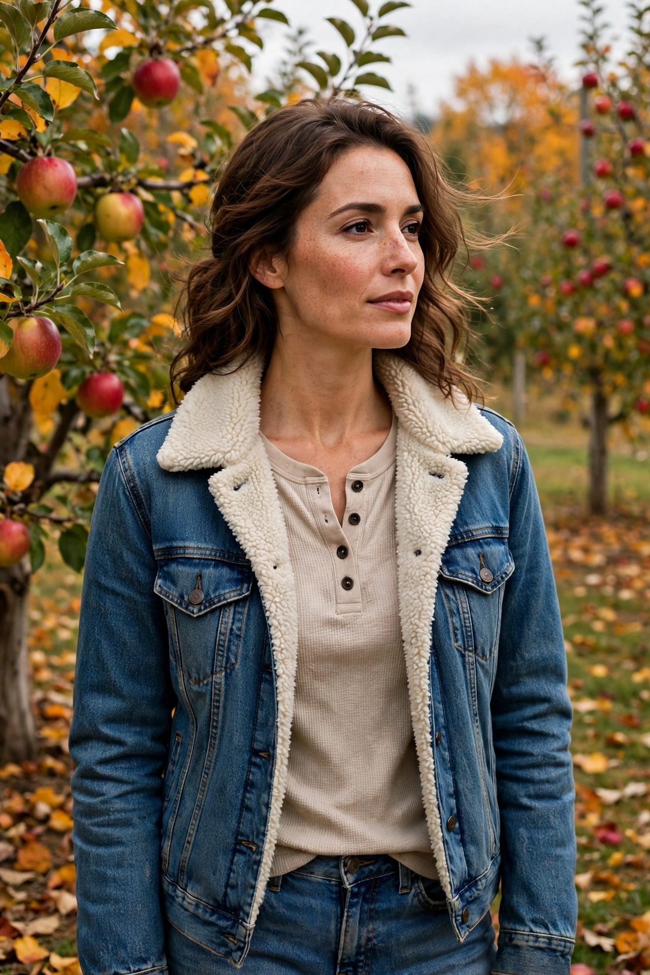 Woman in sherpa jacket with jeans and hiking boots orchard fall