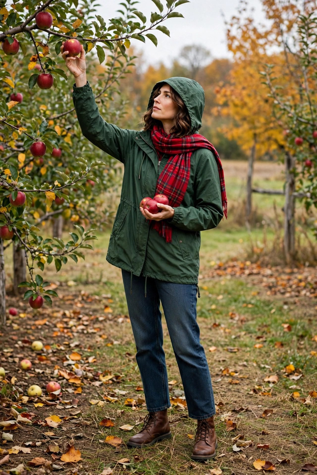 Woman in green anorak with jeans and scarf apple orchard
