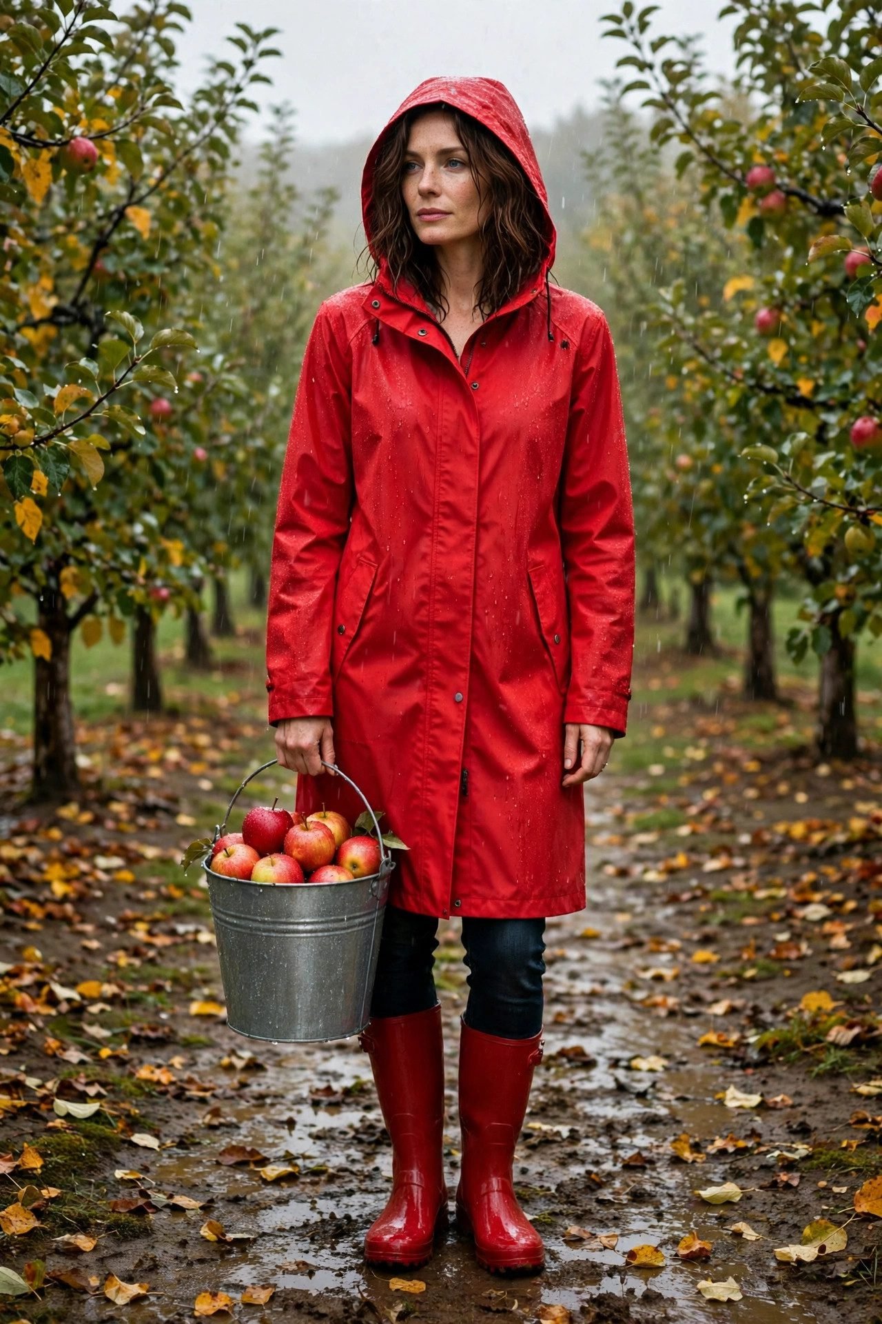 Woman in red raincoat with jeans and boots at rainy orchard