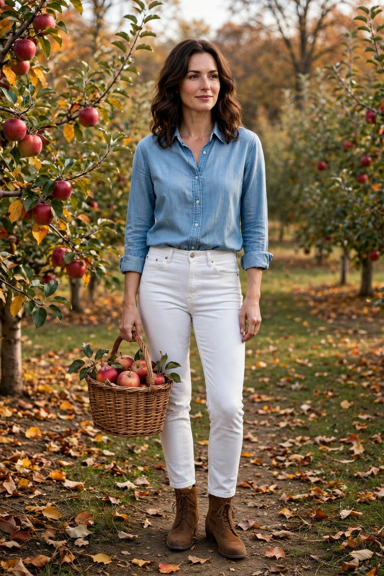 Woman in chambray shirt with white jeans and boots orchard
