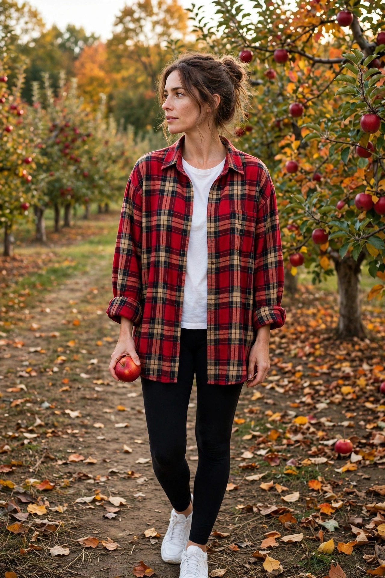 Woman in black leggings with oversized flannel and beanie orchard