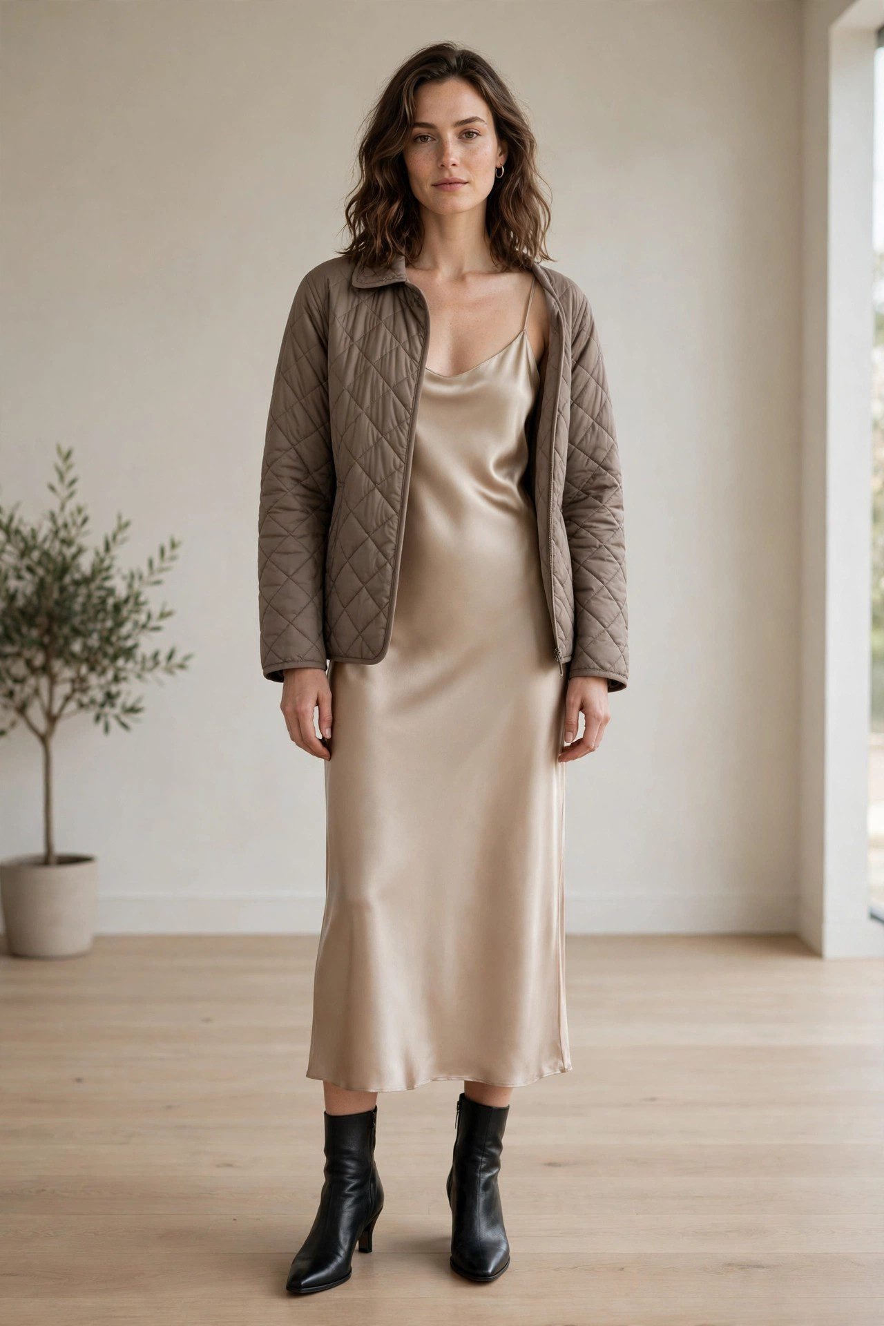 Quilted jacket slip dress boots outfit