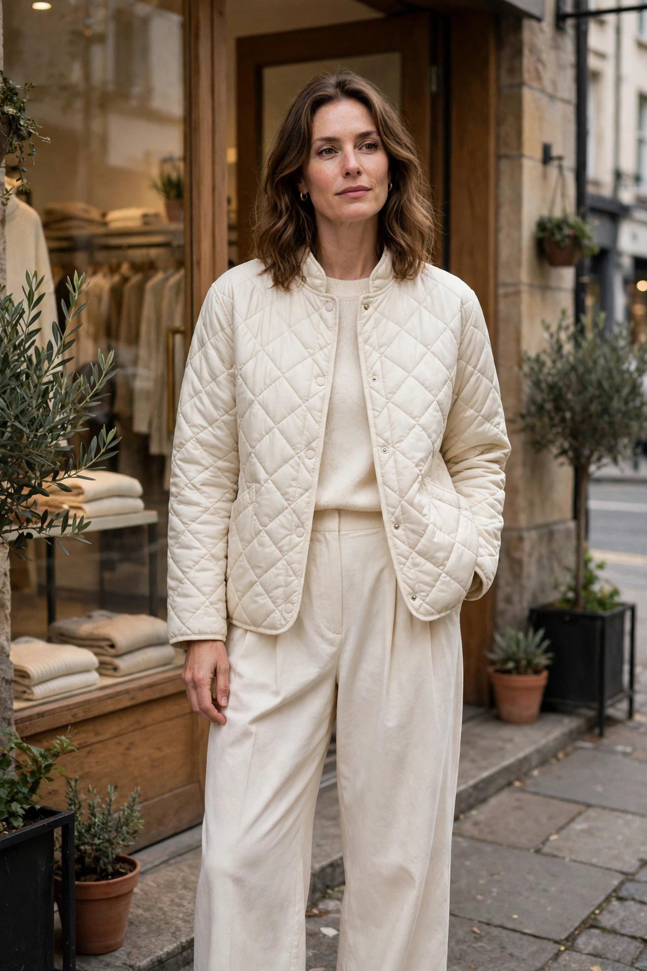 Cream quilted jacket monochrome outfit woman