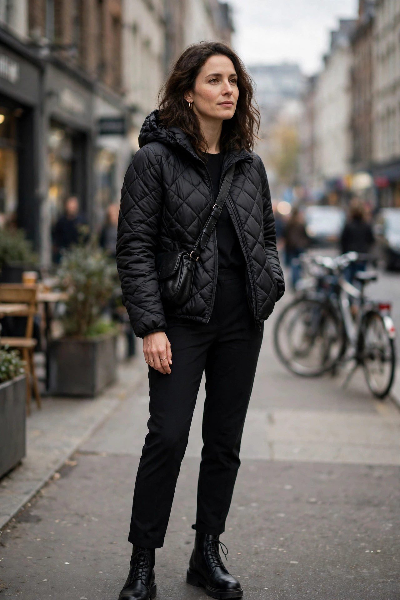 Black quilted jacket outfit woman street style