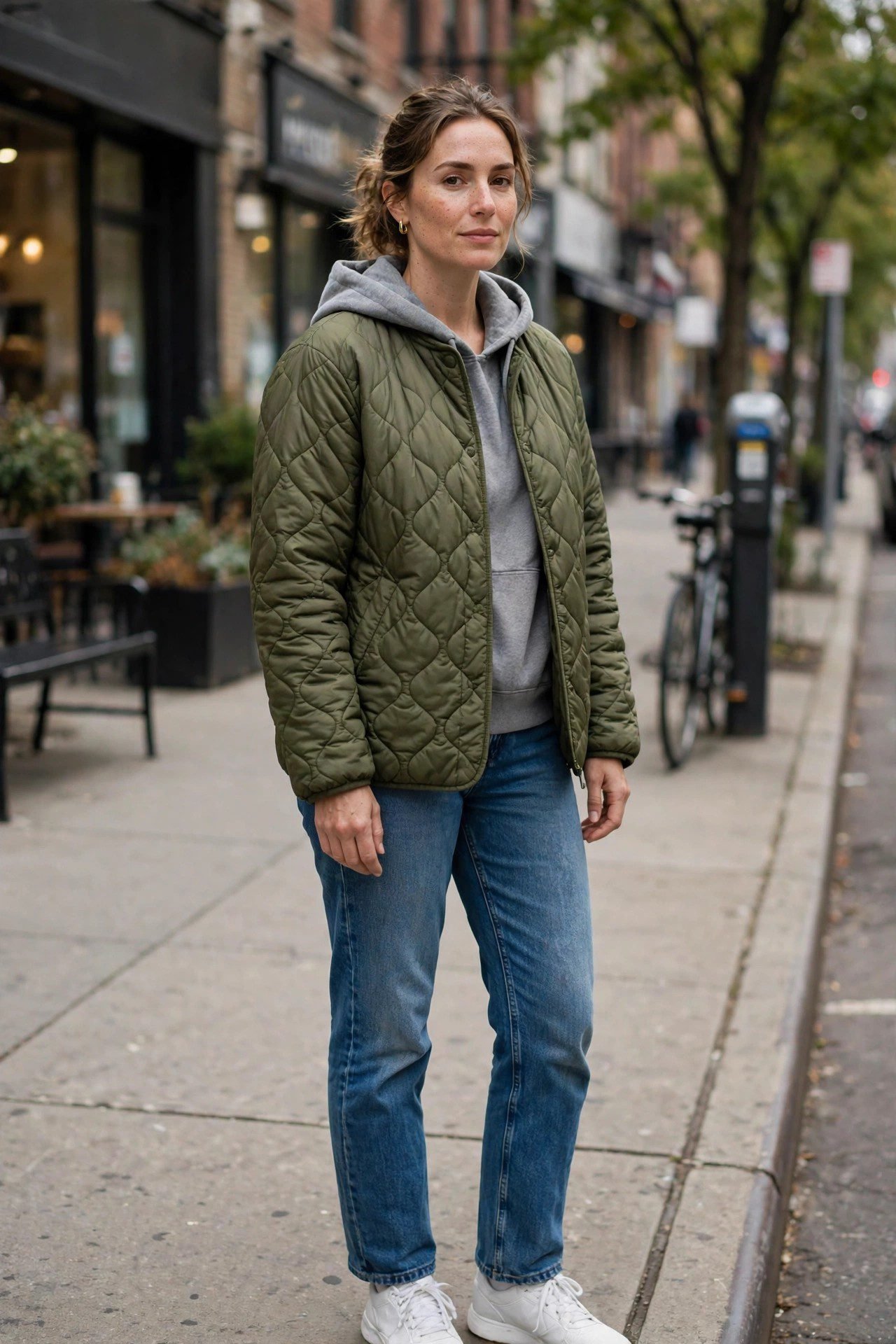 Quilted jacket hoodie sneakers streetwear outfit