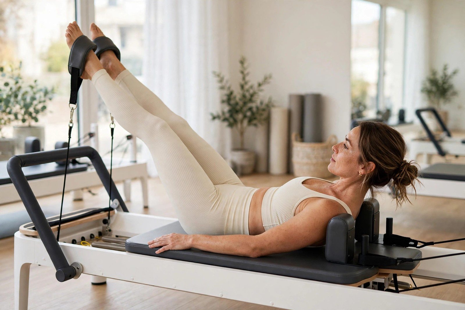 Cream ribbed pilates set aesthetic studio outfit woman