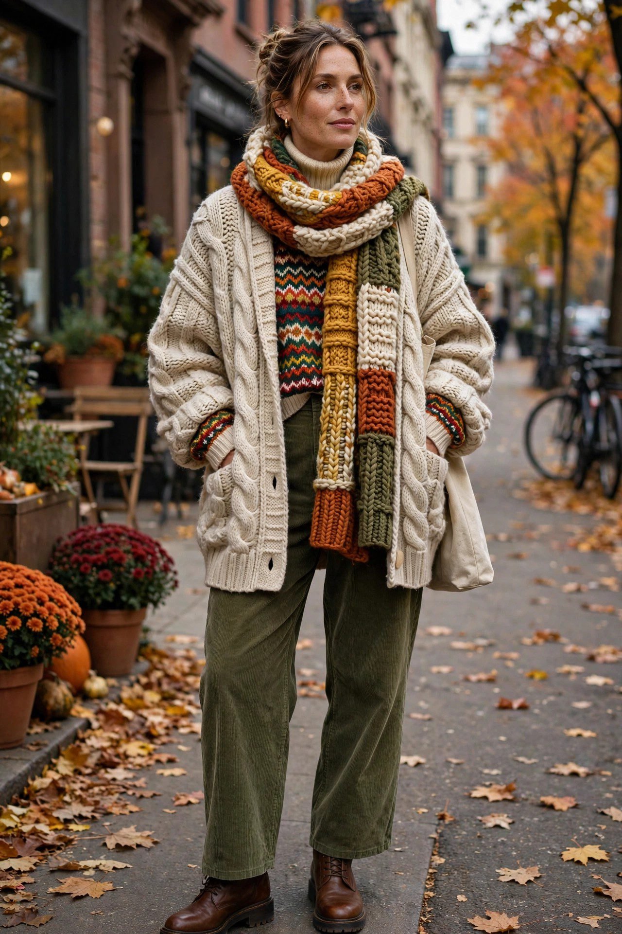 Maximalist colorful layered knitwear fall outfit woman