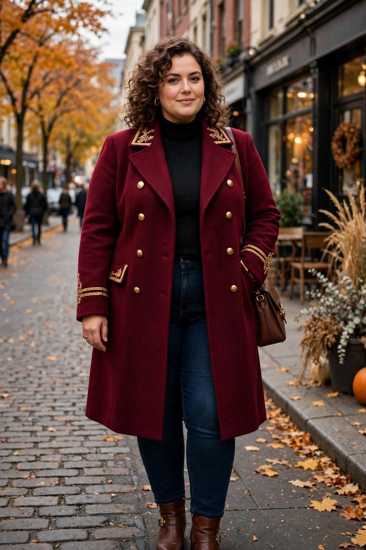 Plus size burgundy wool coat with gold buttons