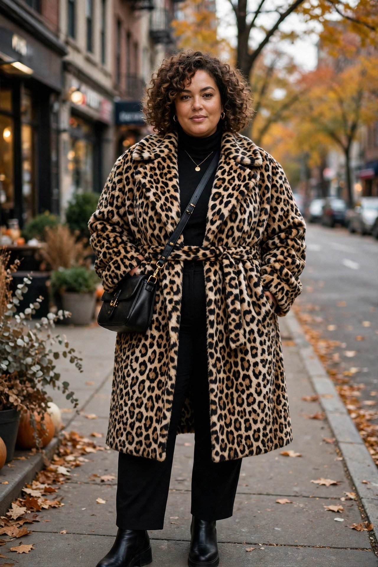 Plus size leopard print coat with black outfit