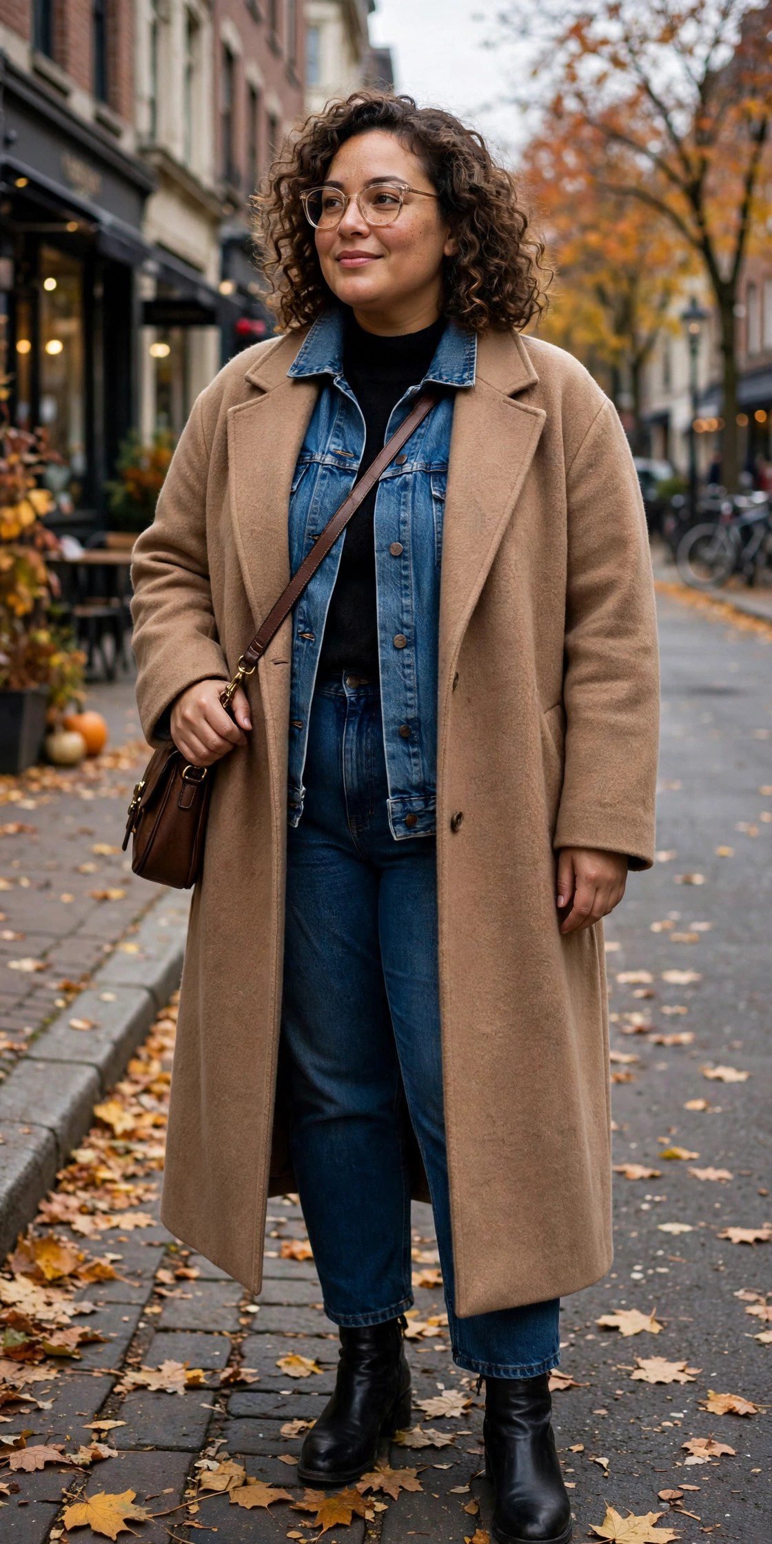 Plus size denim jacket layered under a wool coat