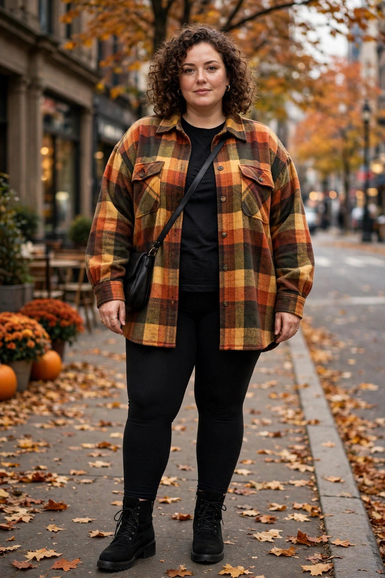 Plus size woman in an oversized plaid shacket with leggings