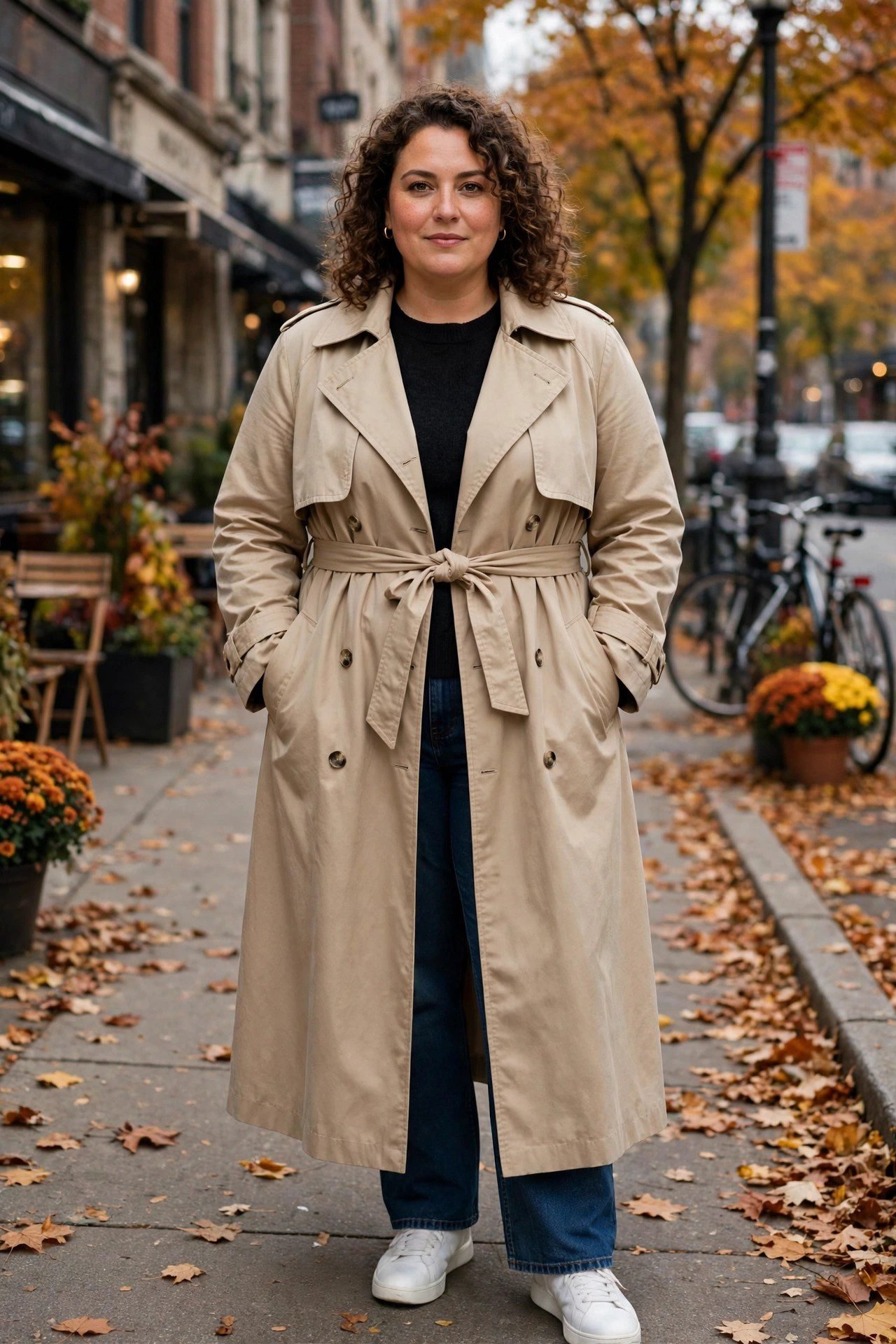Plus size woman wearing a long belted trench coat