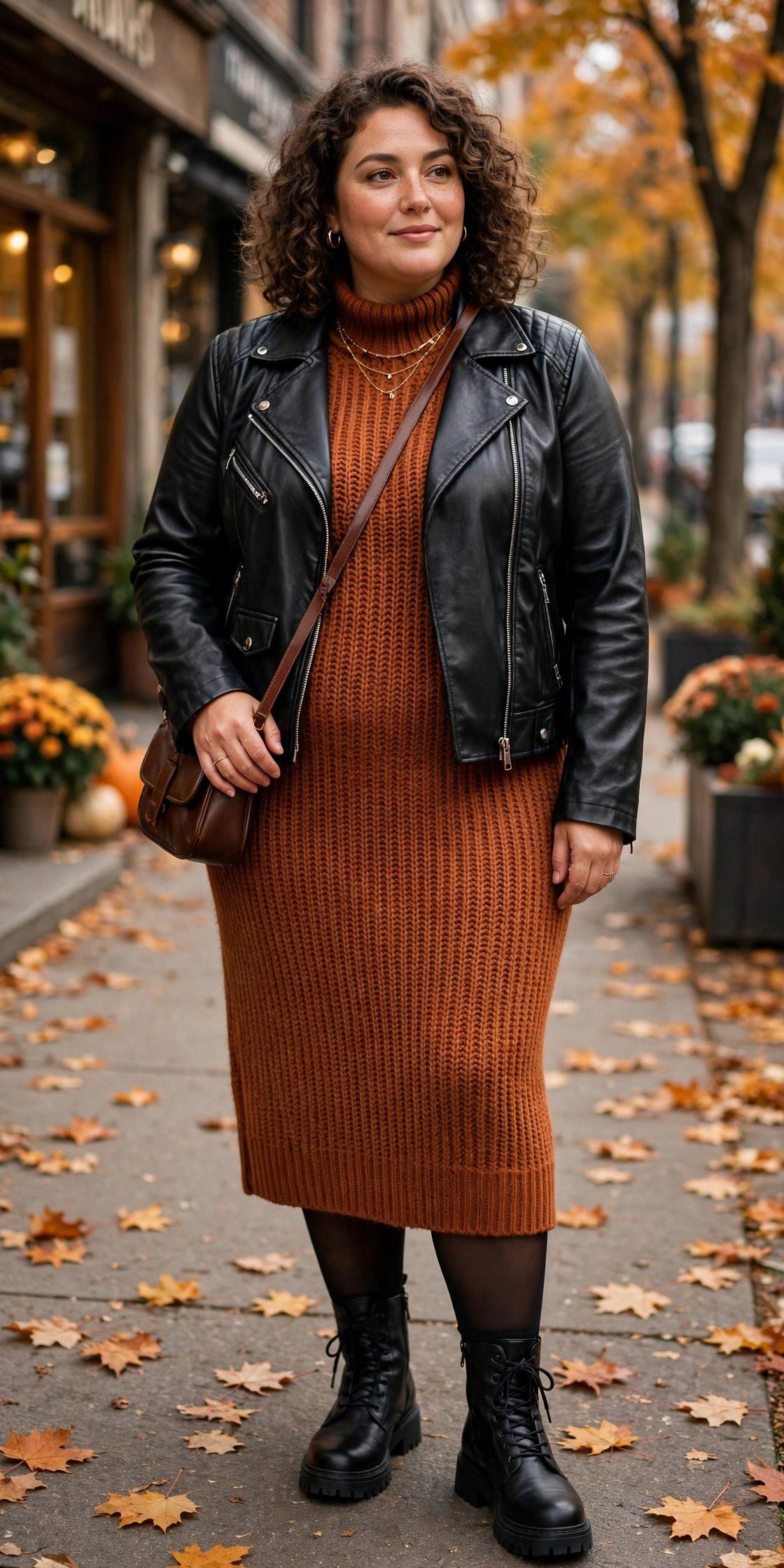 Plus size faux leather moto jacket over a sweater dress