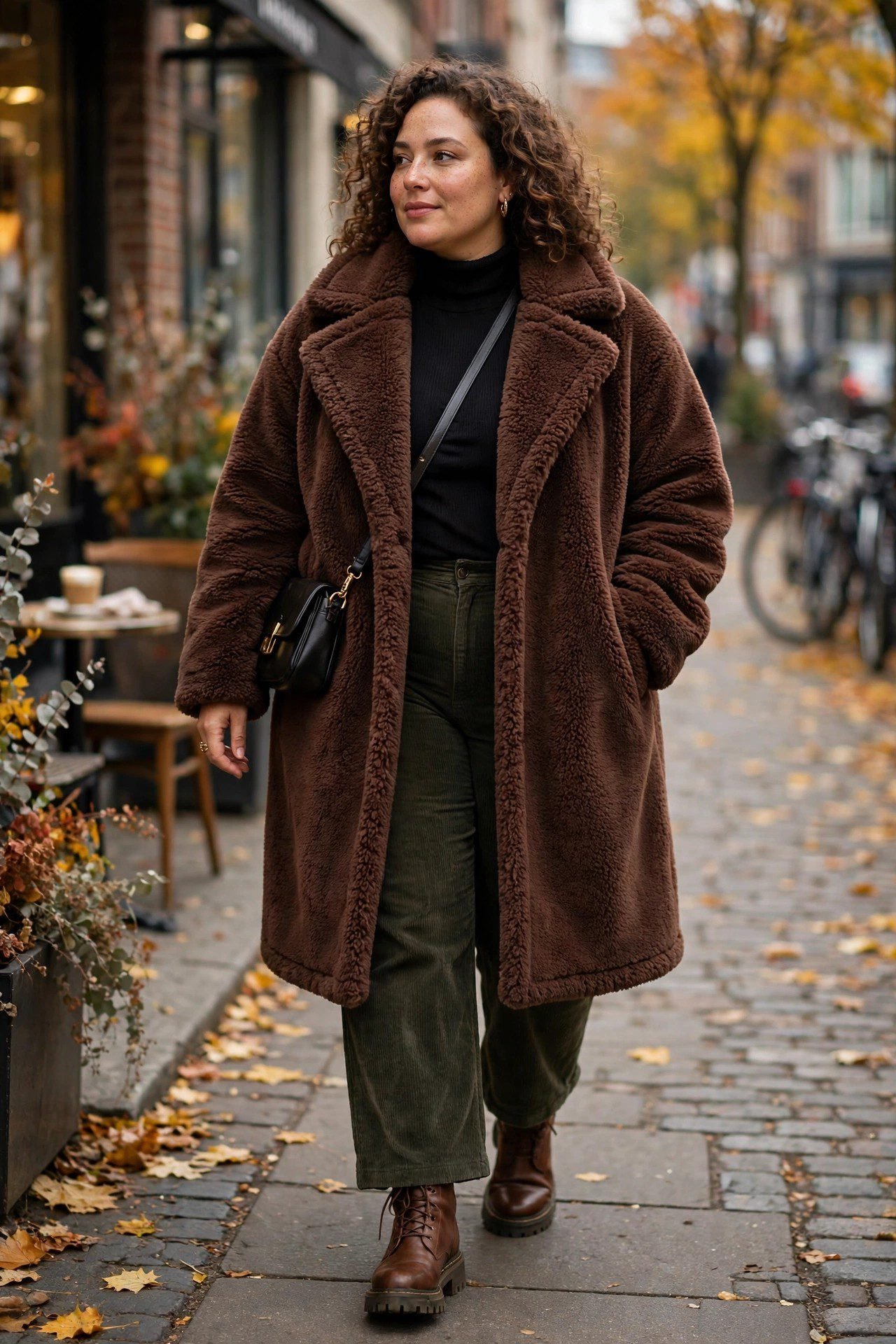 Plus size chocolate brown teddy coat with jeans