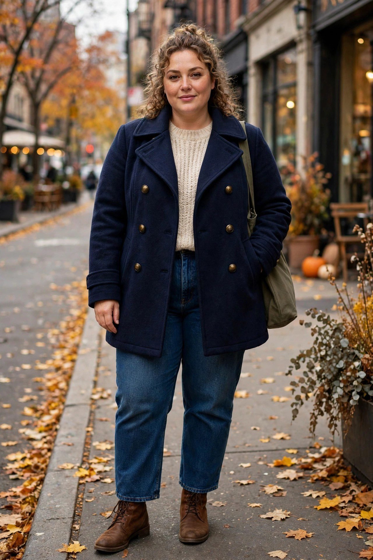 Plus size double-breasted navy peacoat outfit