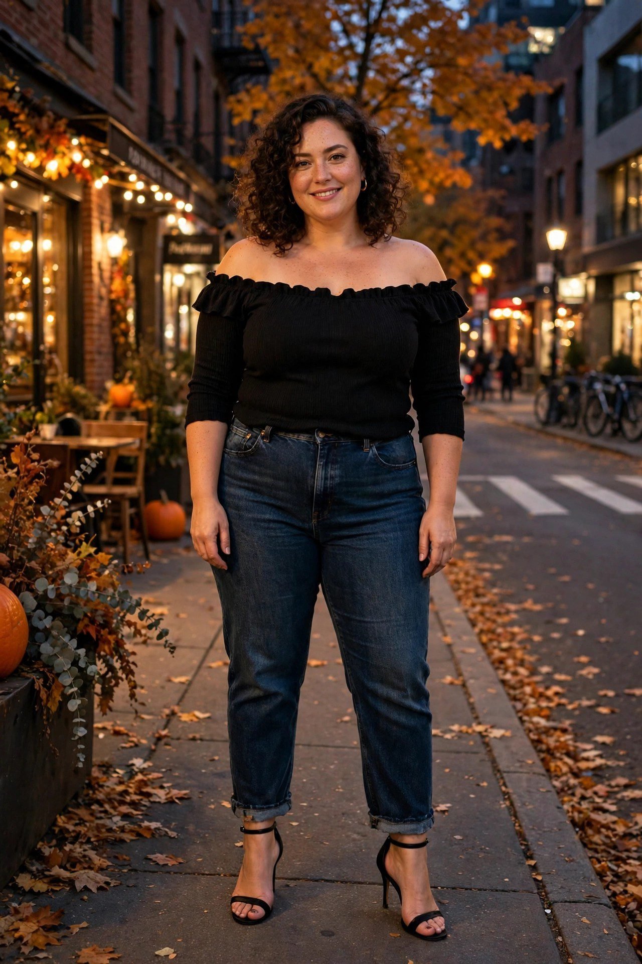 Plus size off-shoulder top with dark jeans date night