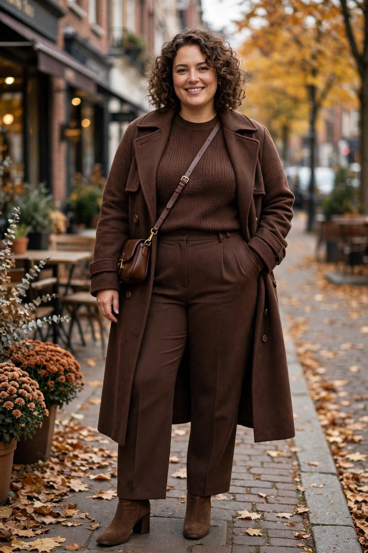 Plus size monochrome chocolate brown date night outfit