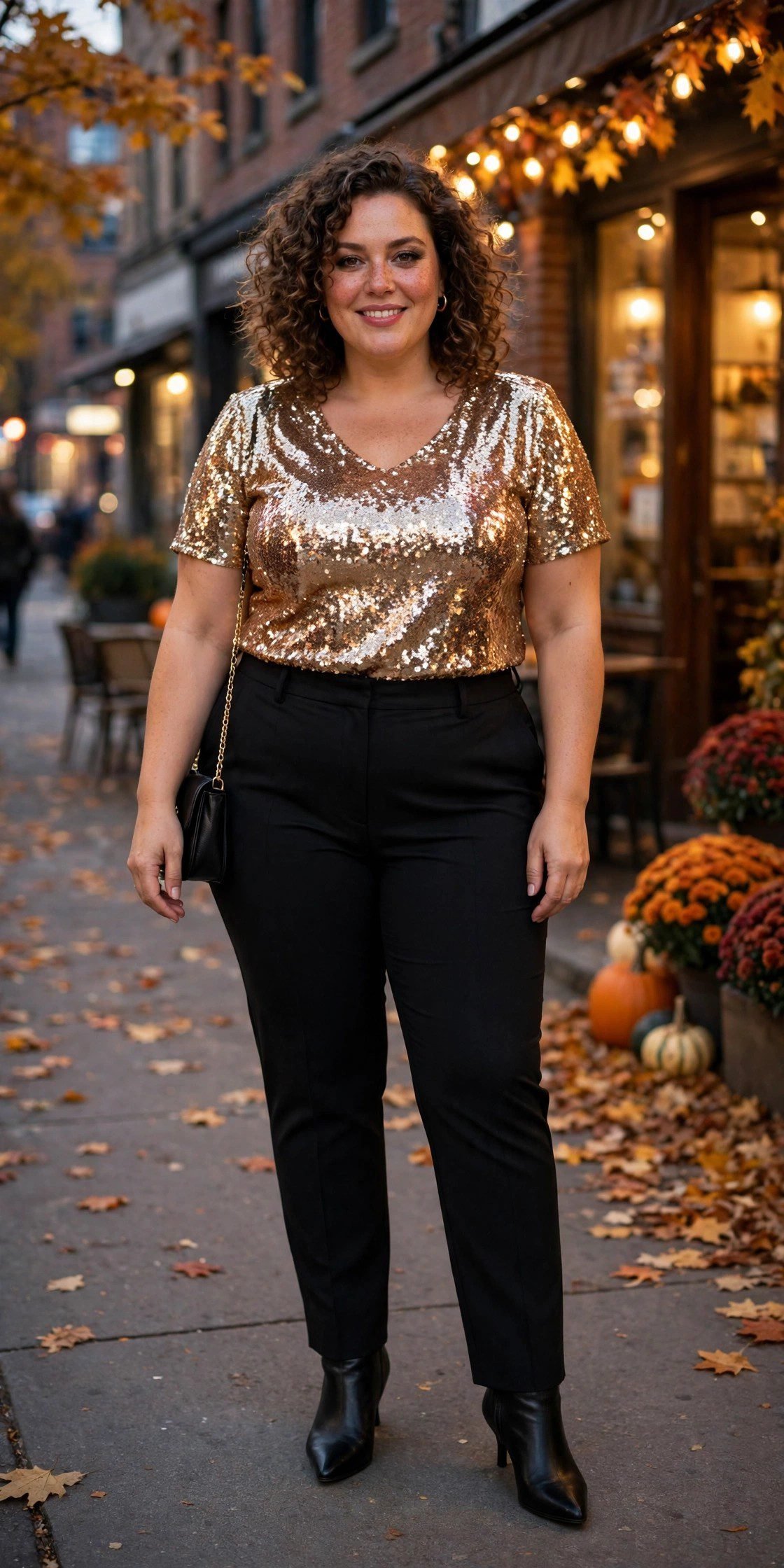 Plus size sequin top with black trousers date night