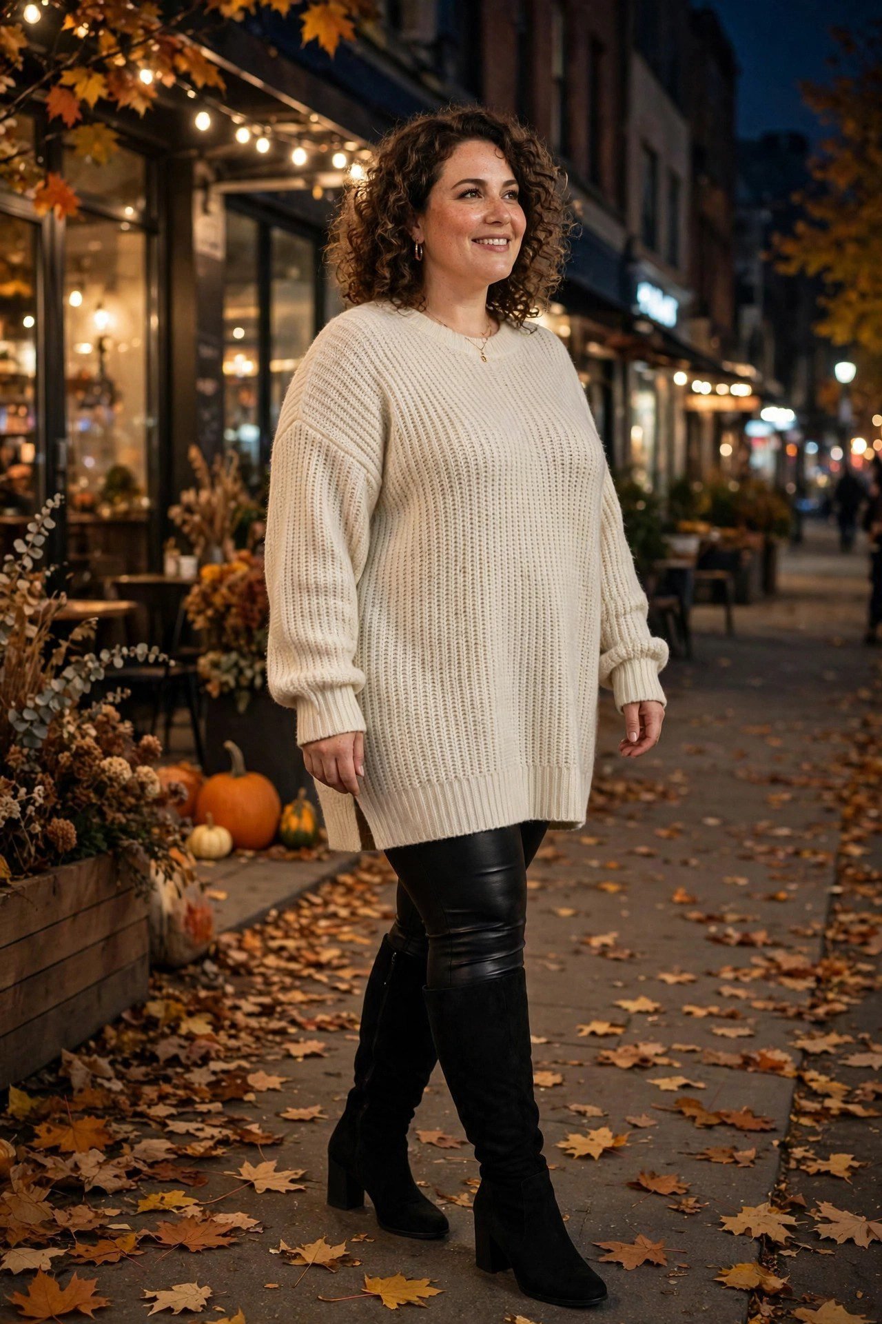 Plus size faux leather leggings with oversized sweater date night