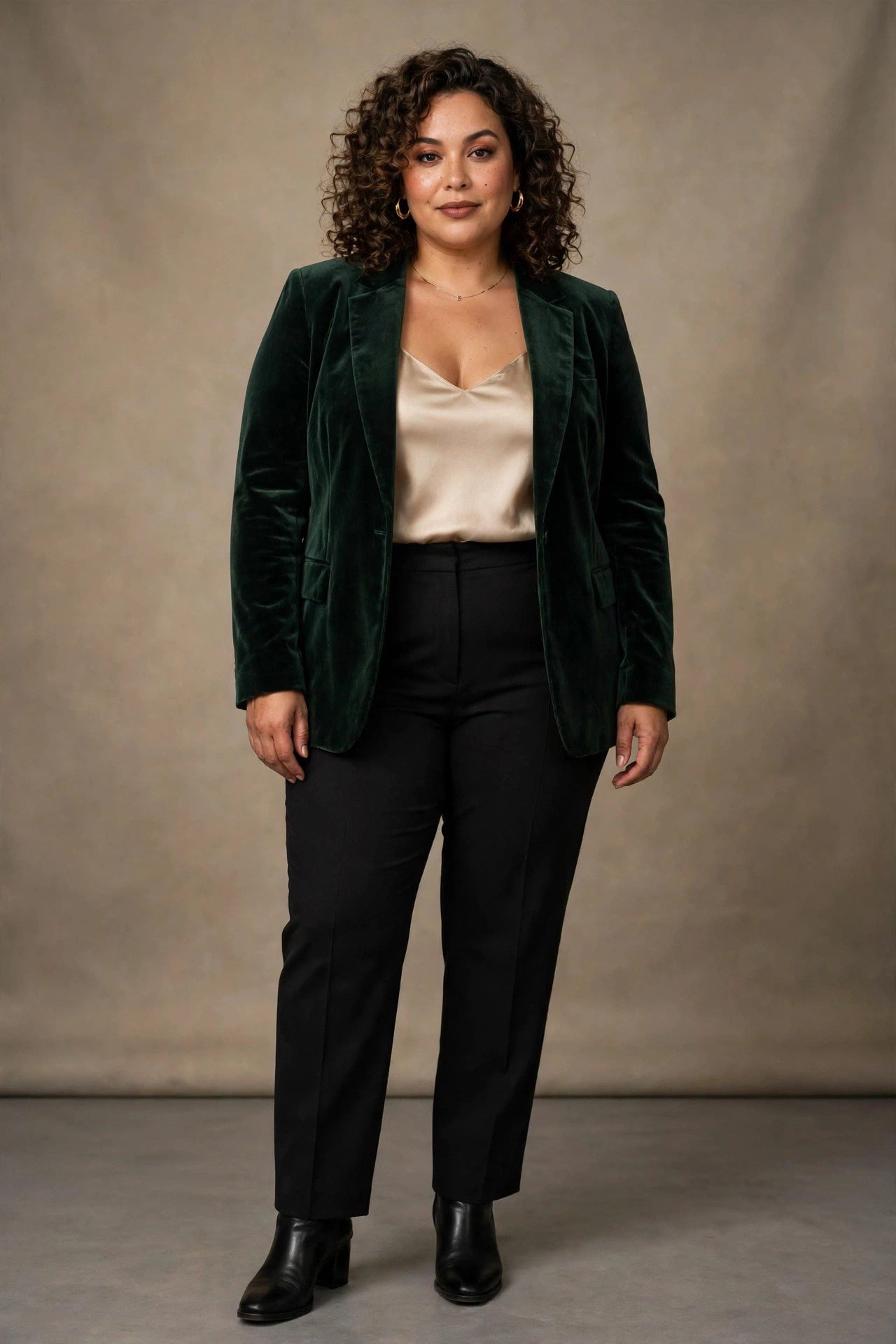 Plus size velvet blazer with silk camisole date night outfit