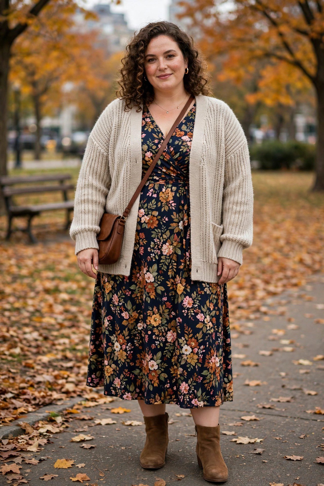 Plus size floral midi dress with cardigan for date night