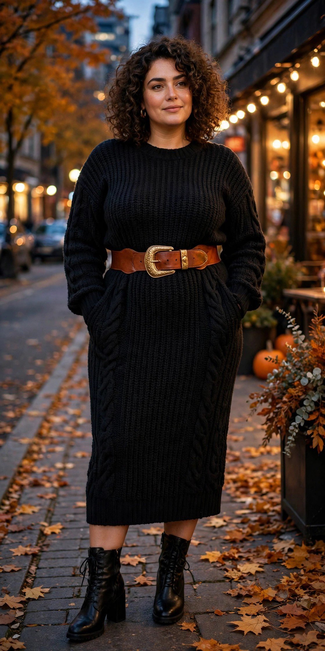 Plus size black sweater dress with statement belt