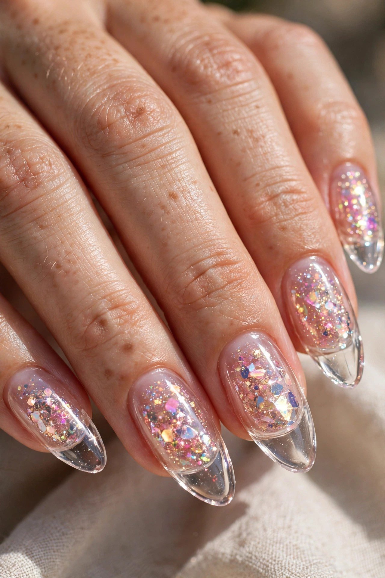 Clear jelly nails with glitter core candy sparkle