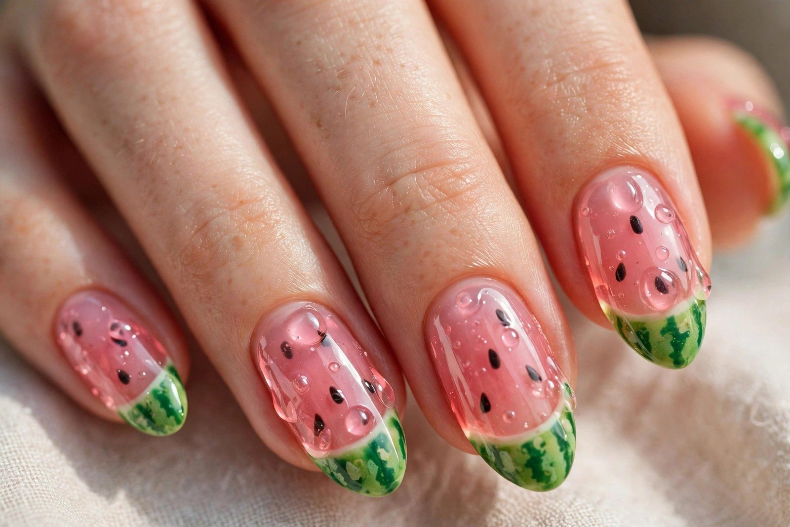 Gummy watermelon nail art pink green jelly design