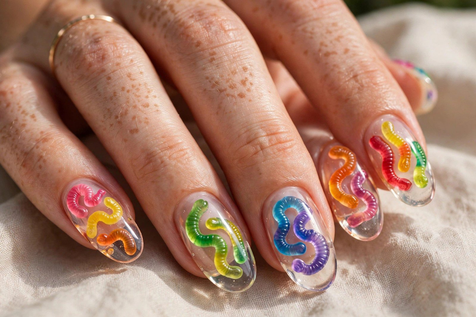 Gummy worm nail art colorful squiggles on nails