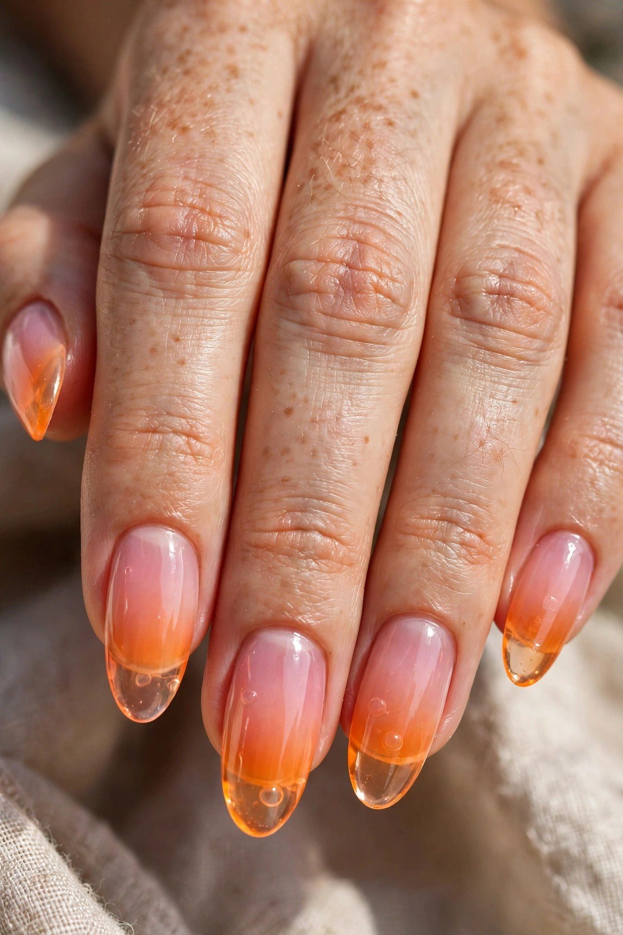 Ombré jelly gradient nails pink to orange gummy fade