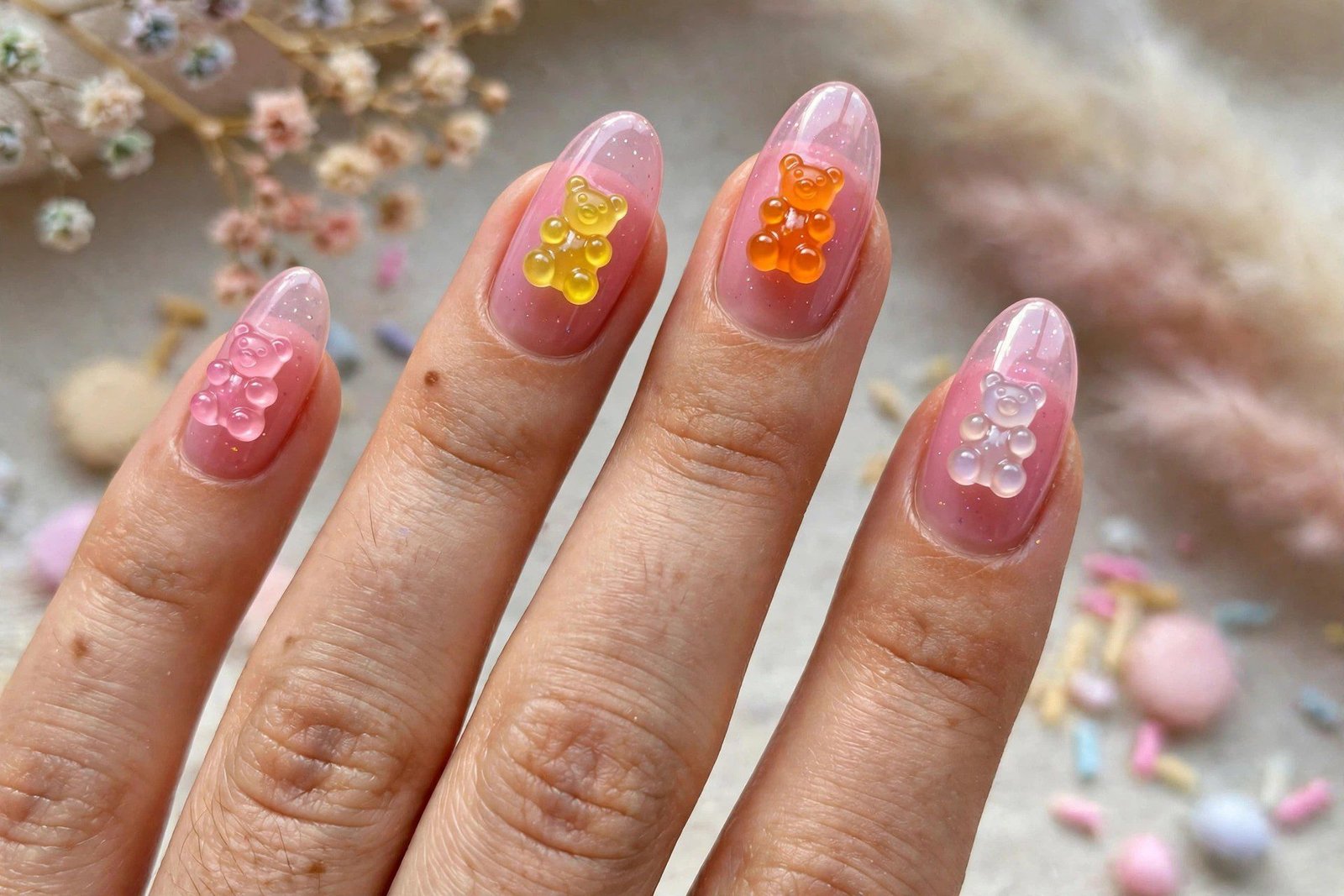 3D gummy bear nail decals on jelly pink nails